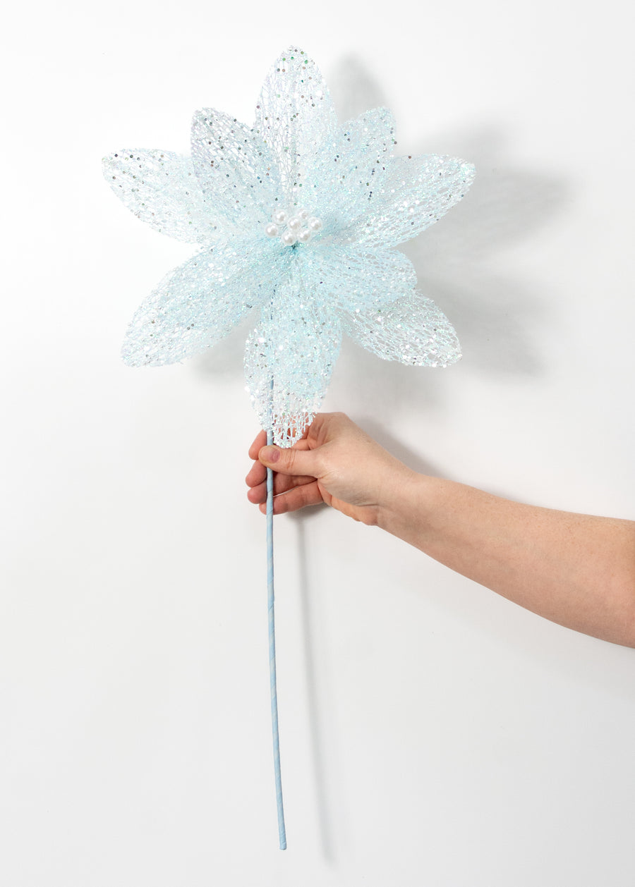 22" Glitter & Pearl Filagree Flower Stem: Soft Iridescent Blue