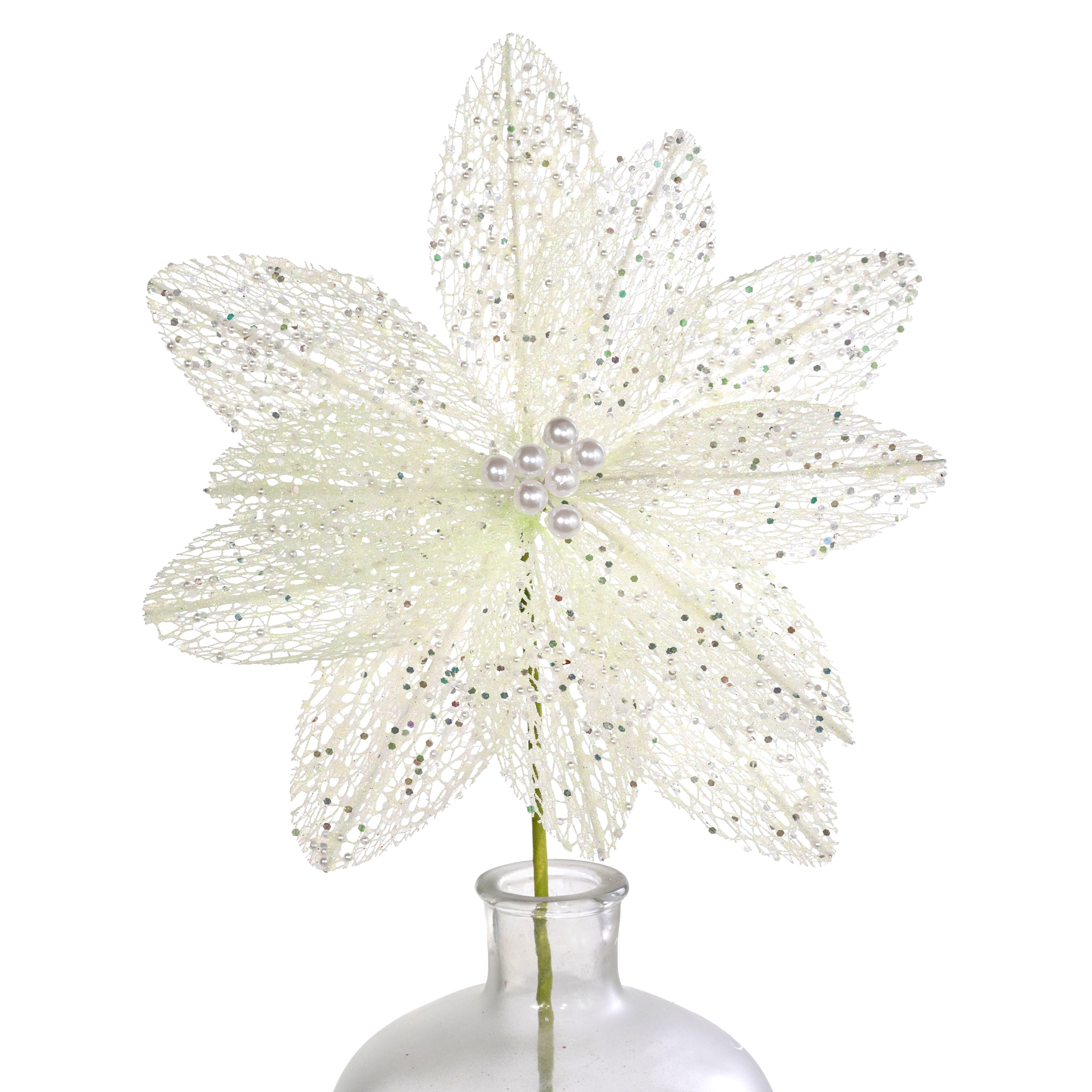 22" Glitter & Pearl Filagree Flower Stem: Soft Iridescent Mint Green