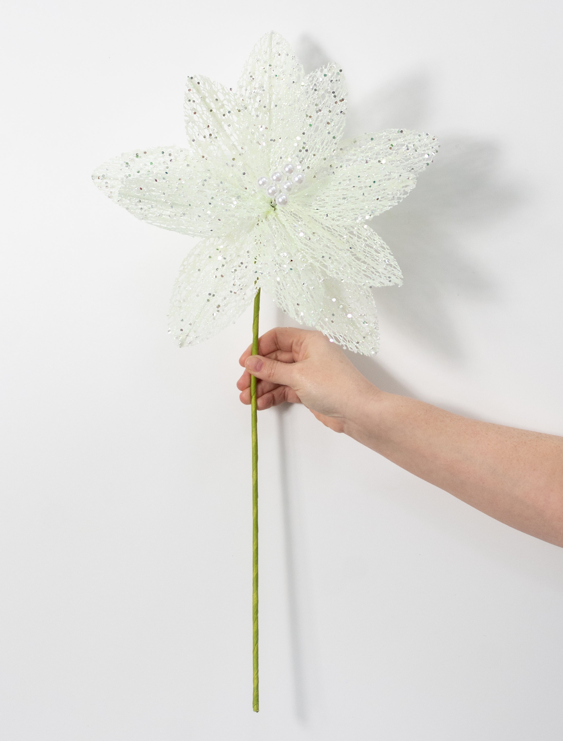 22" Glitter & Pearl Filagree Flower Stem: Soft Iridescent Mint Green