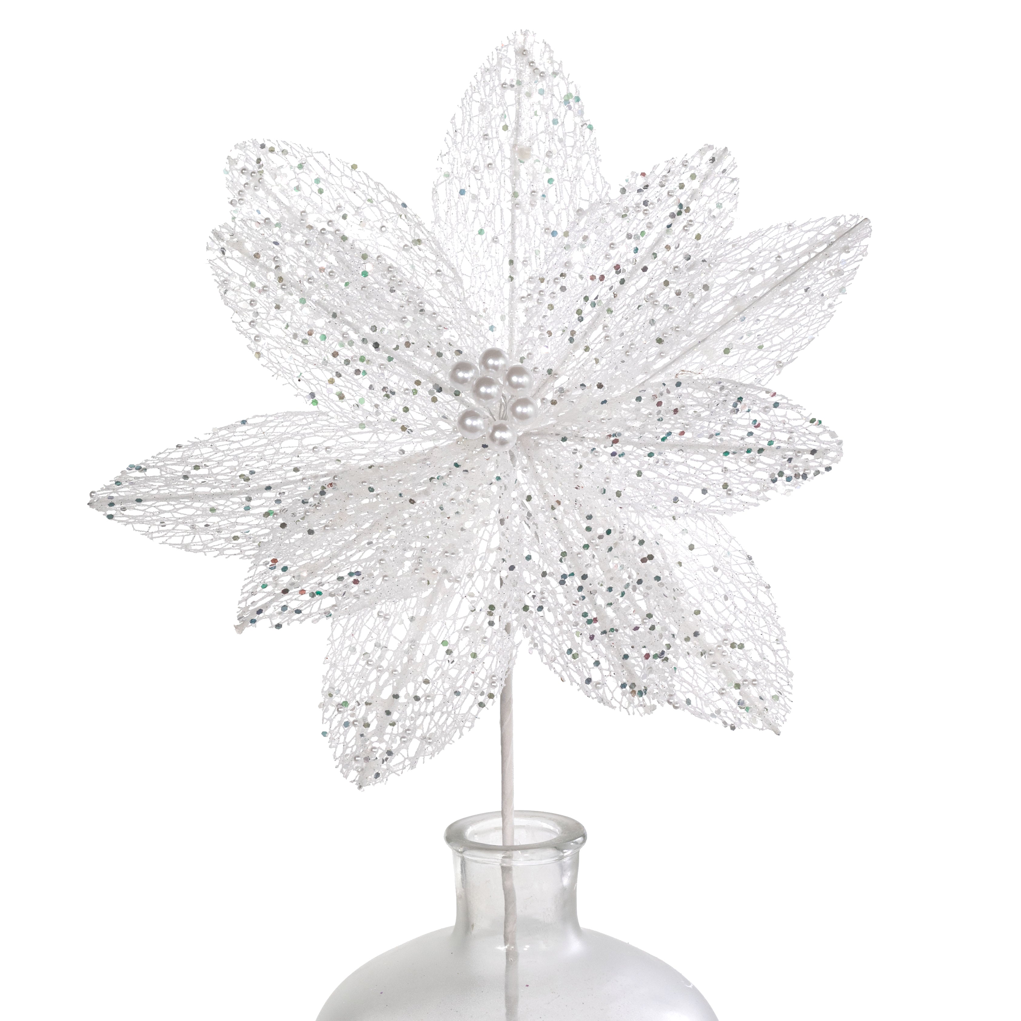 22" Glitter & Pearl Filagree Flower Stem: Iridescent White