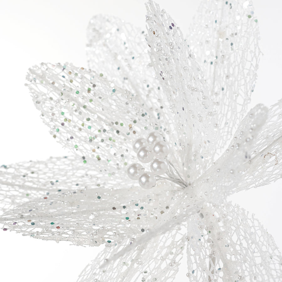22" Glitter & Pearl Filagree Flower Stem: Iridescent White