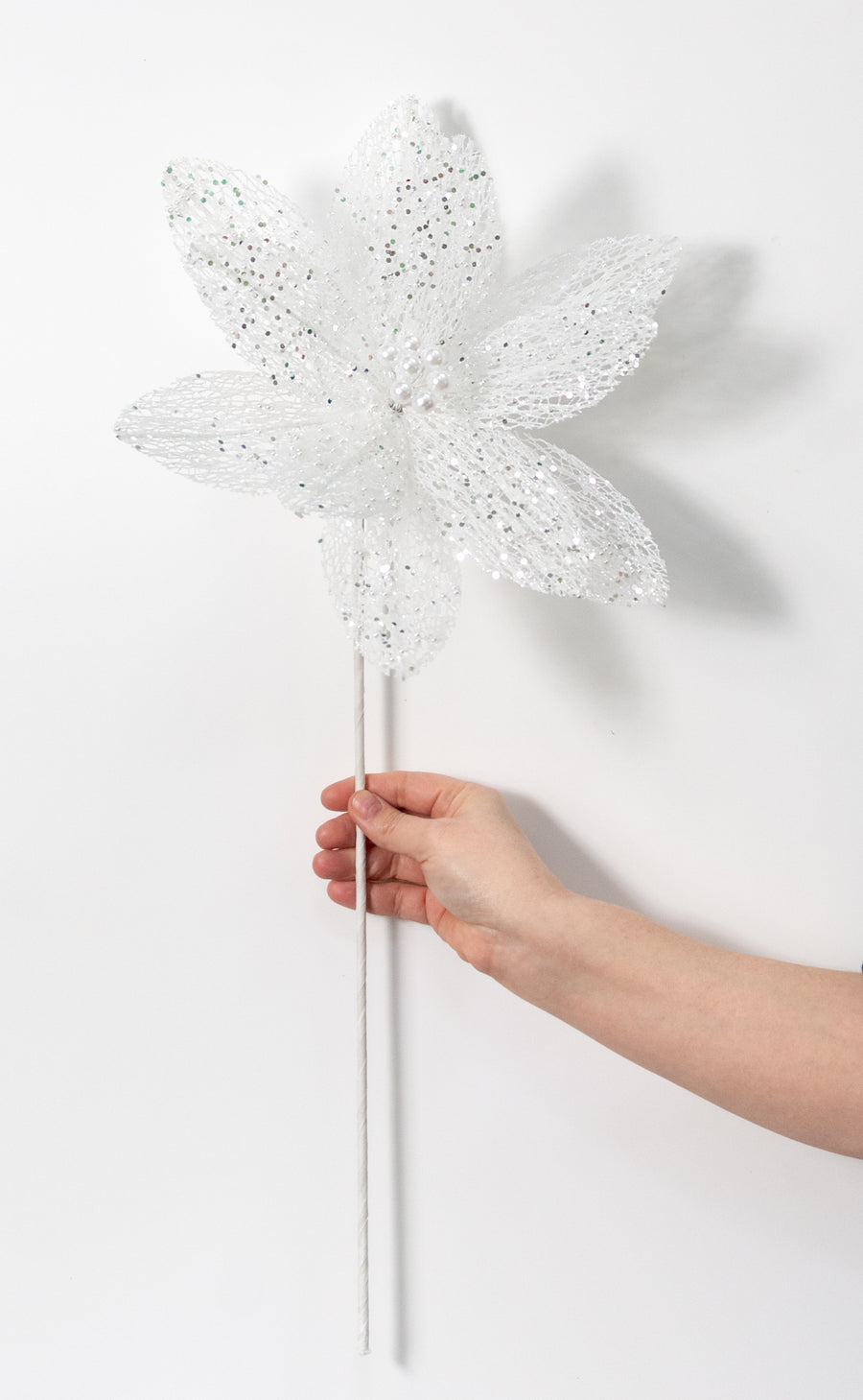 22" Glitter & Pearl Filagree Flower Stem: Iridescent White