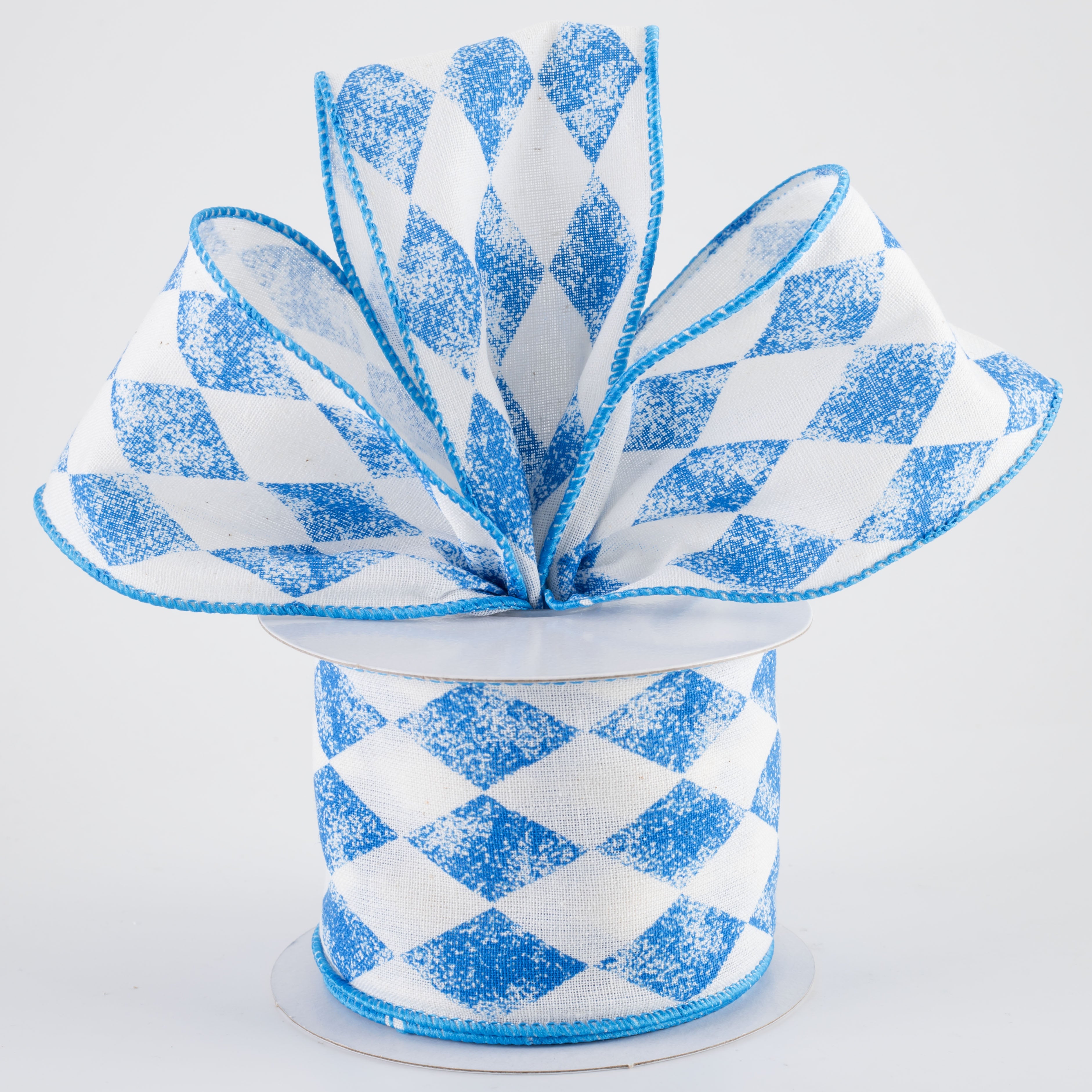 2.5" Canvas Stamped Harlequin Ribbon: Blue on White (10 Yards)