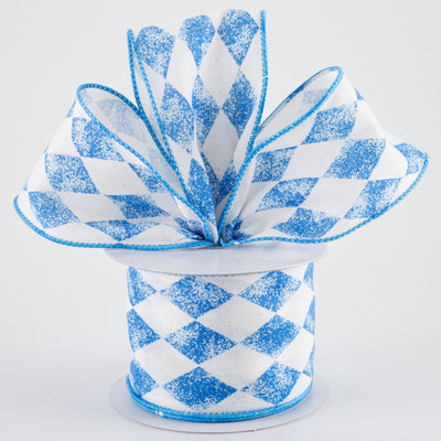 2.5" Canvas Stamped Harlequin Ribbon: Blue on White (10 Yards)