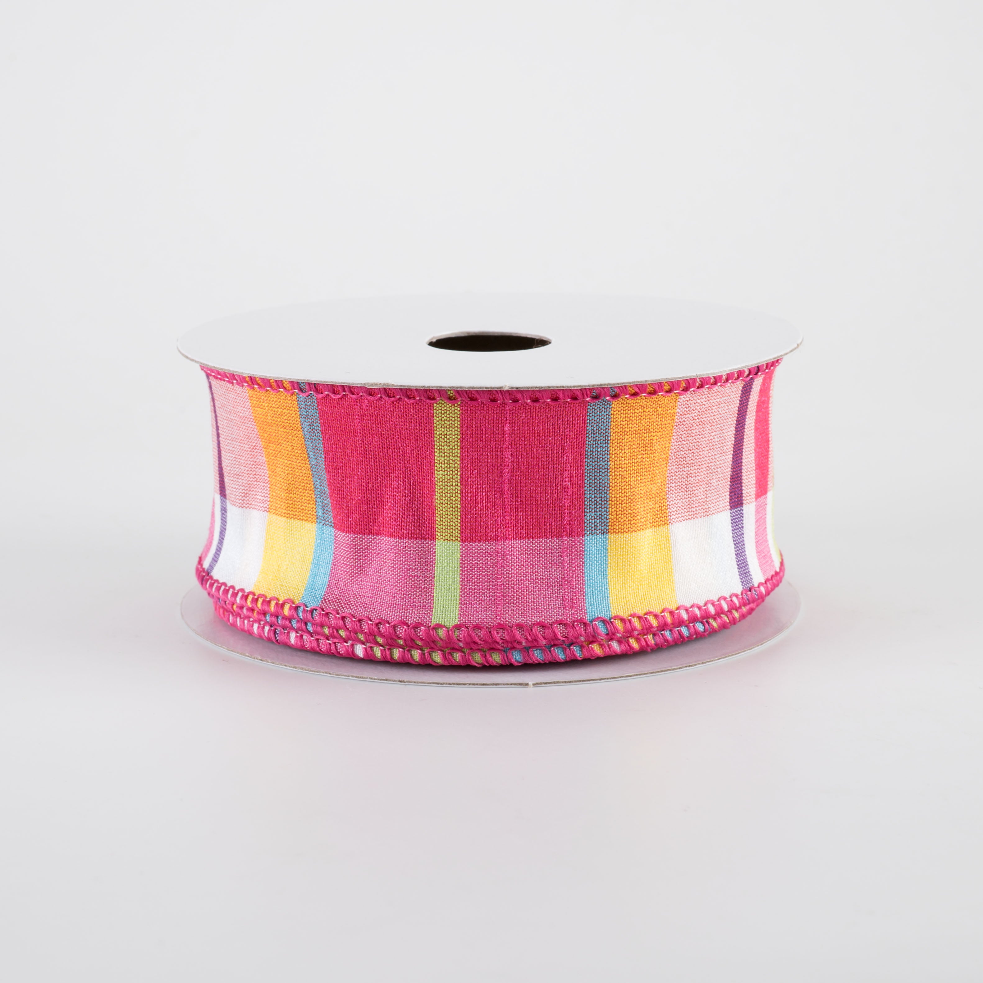 1.5" Faux Dupioni Plaid Ribbon: Fuchsia, Lime, Blue & Yellow (10 Yards)