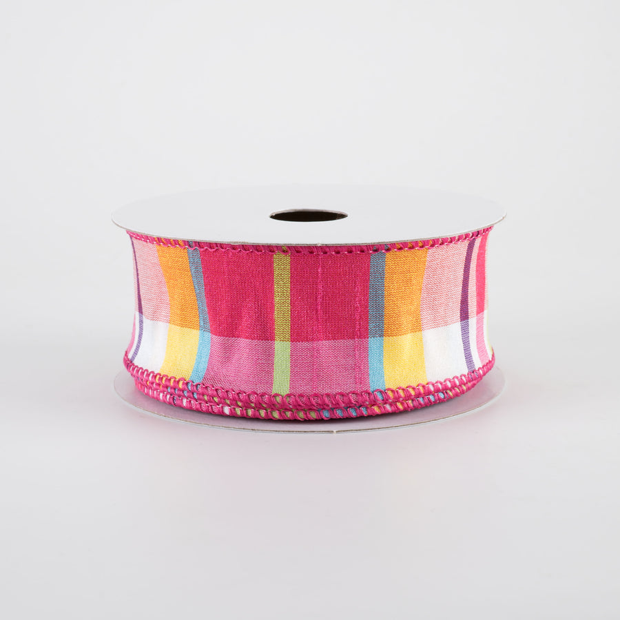 1.5" Faux Dupioni Plaid Ribbon: Fuchsia, Lime, Blue & Yellow (10 Yards)