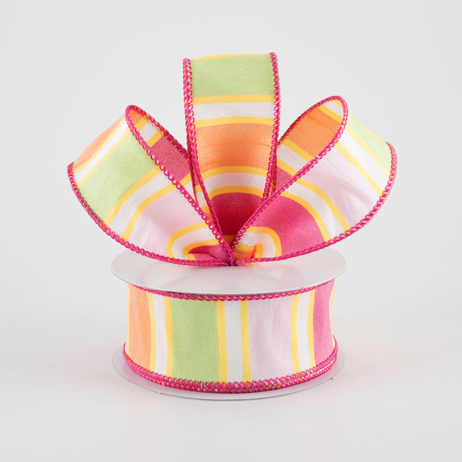 1.5" Faux Dupioni Stripes Ribbon: Fuchsia, Pink, Yellow & Orange (10 Yards)