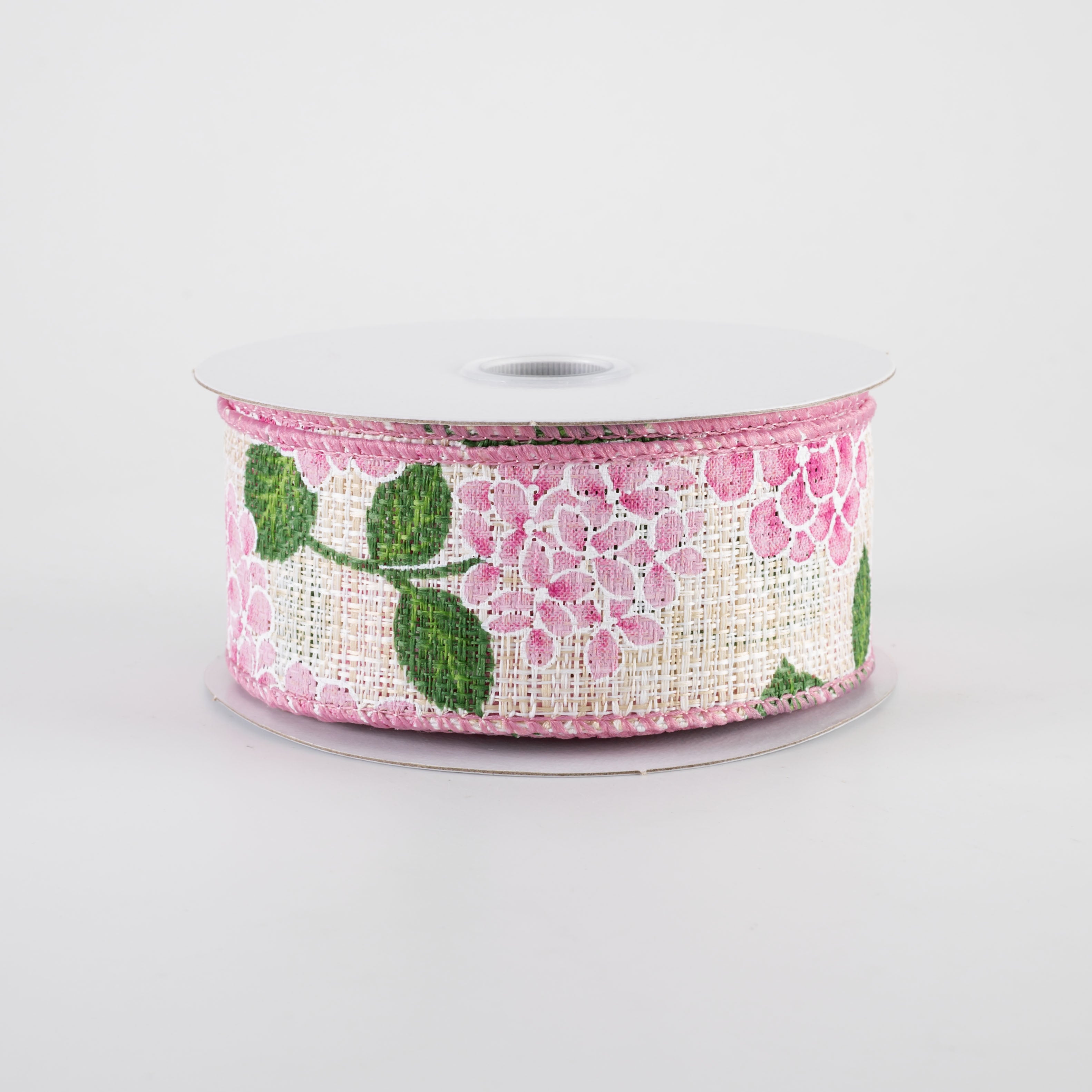 1.5" Tweed Hydrangeas Ribbon: Mauve Pink on Natural (10 Yards)