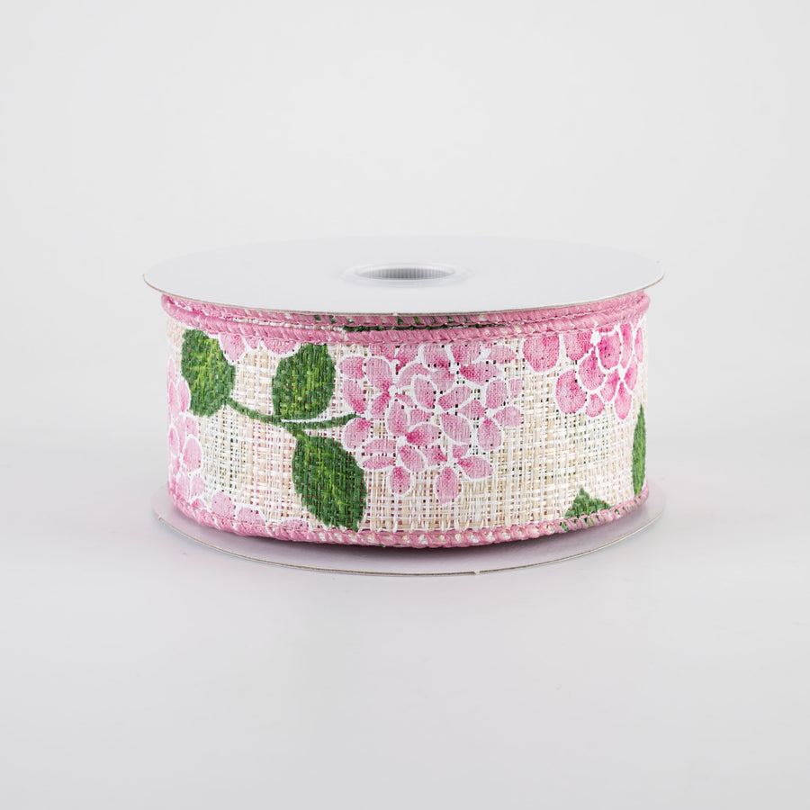 1.5" Tweed Hydrangeas Ribbon: Mauve Pink on Natural (10 Yards)