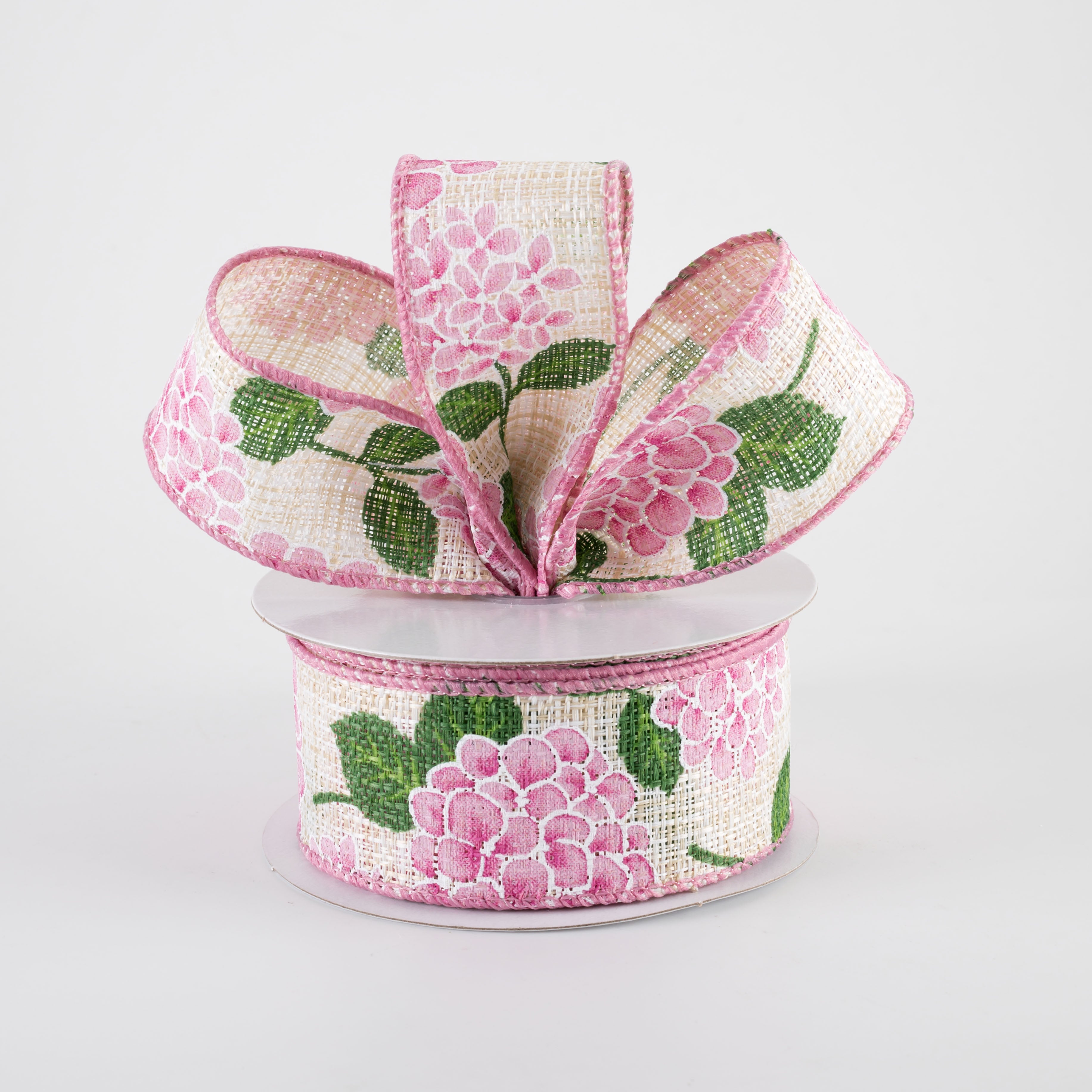 1.5" Tweed Hydrangeas Ribbon: Mauve Pink on Natural (10 Yards)
