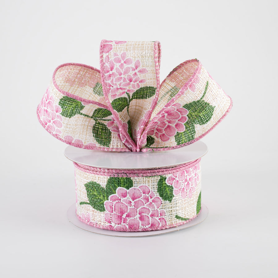 1.5" Tweed Hydrangeas Ribbon: Mauve Pink on Natural (10 Yards)