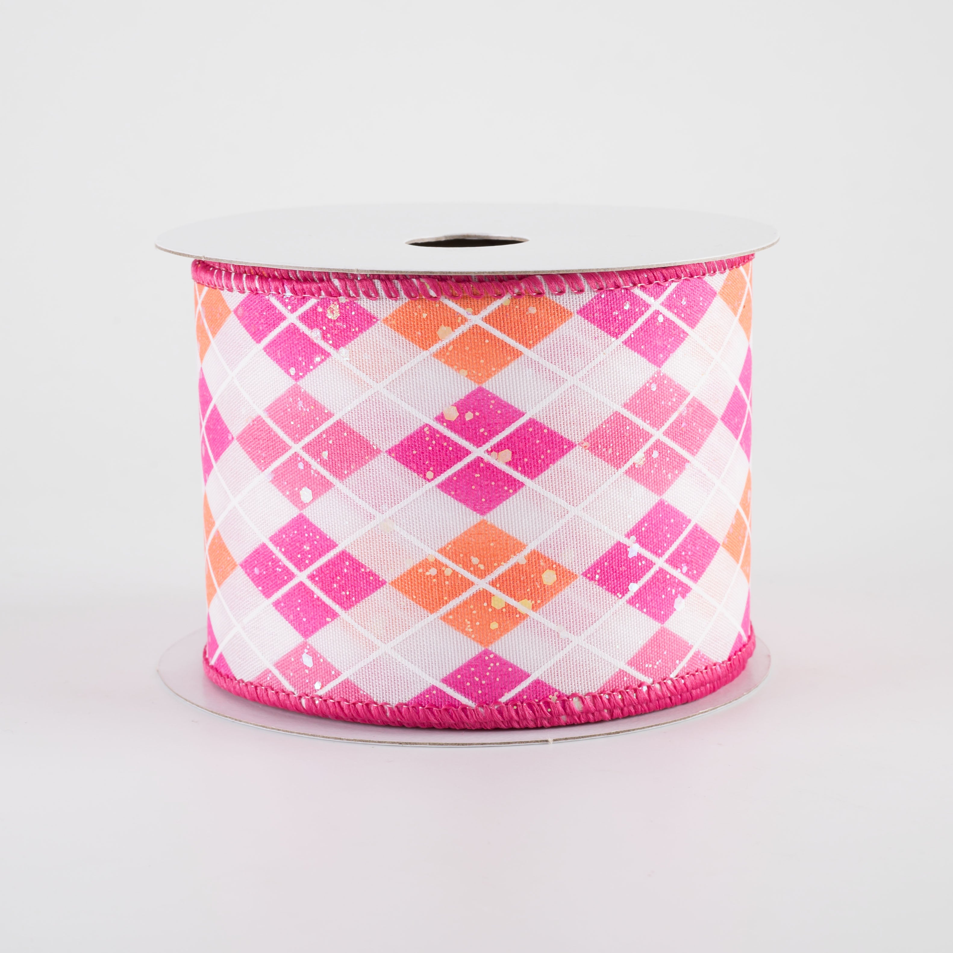 2.5" Iridescent Argyle Ribbon: White, Pink, Fuchsia & Peach (10 Yards)