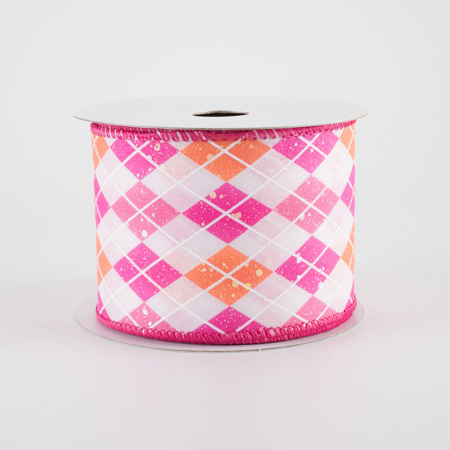 2.5" Iridescent Argyle Ribbon: White, Pink, Fuchsia & Peach (10 Yards)
