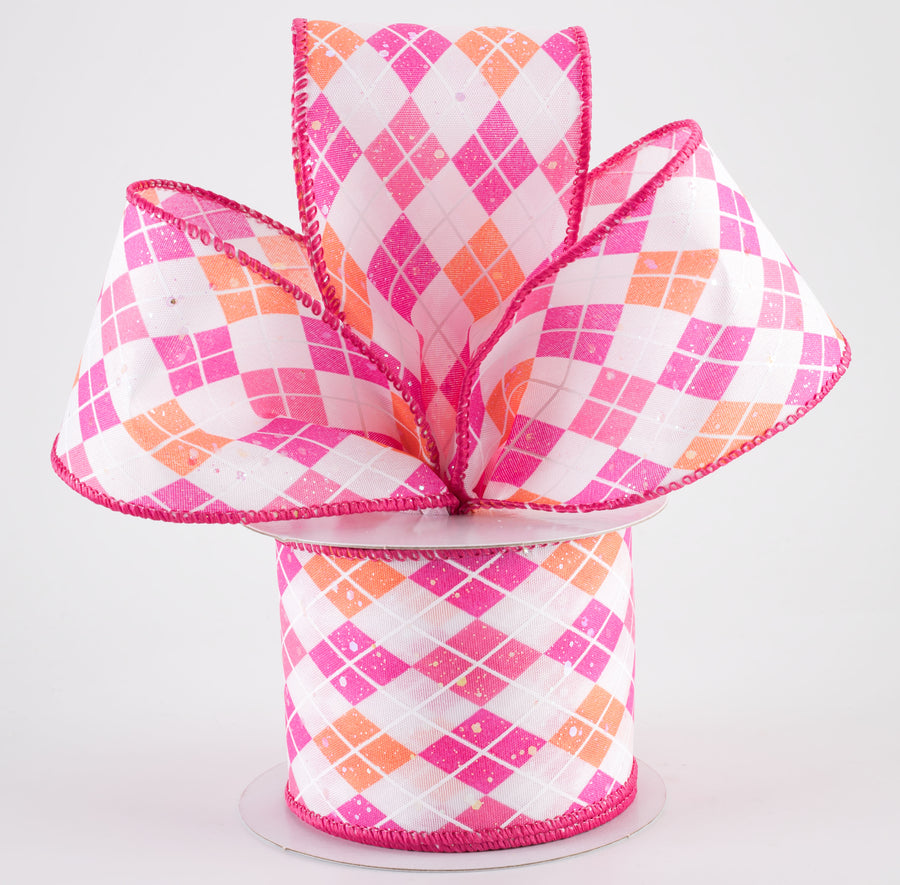 2.5" Iridescent Argyle Ribbon: White, Pink, Fuchsia & Peach (10 Yards)