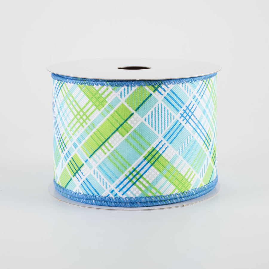 2.5" Printed Cabot Diagonal Plaid Ribbon: Aqua, Lime, Turquoise & White (10 Yards)