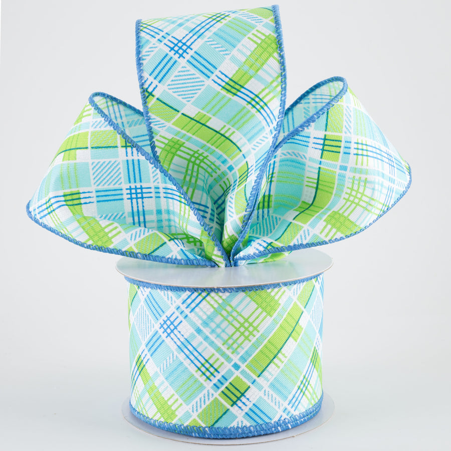 2.5" Printed Cabot Diagonal Plaid Ribbon: Aqua, Lime, Turquoise & White (10 Yards)