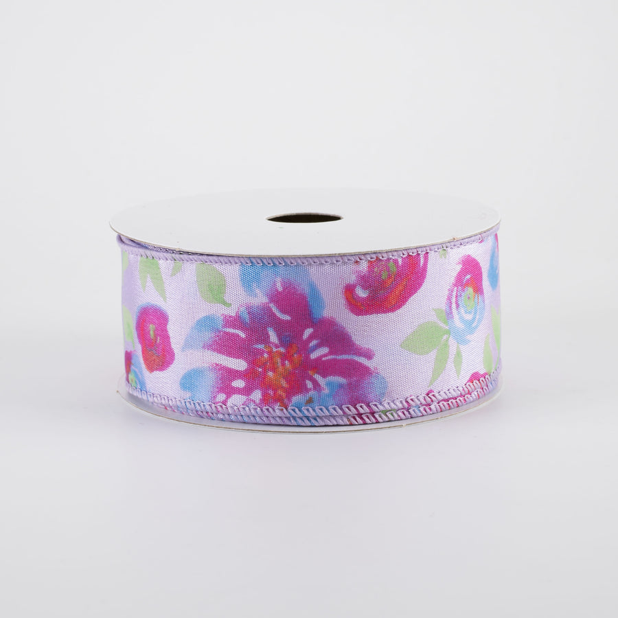 1.5" Watercolor Roses Ribbon: Blue & Fuchsia on Lavender (10 Yards)