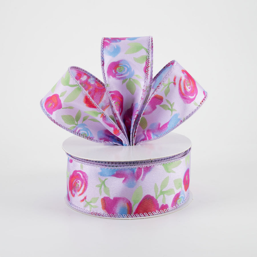 1.5" Watercolor Roses Ribbon: Blue & Fuchsia on Lavender (10 Yards)
