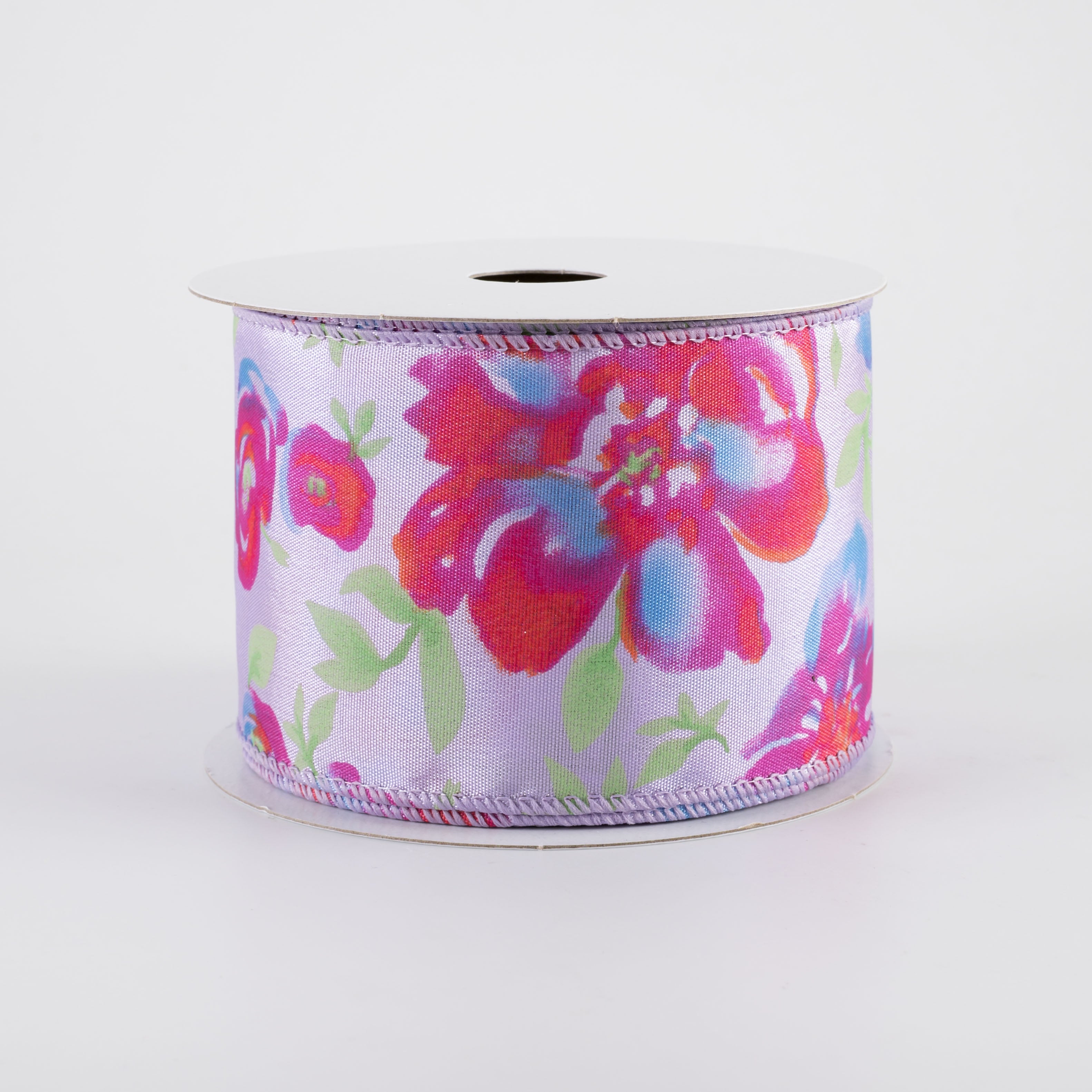 2.5" Watercolor Roses Ribbon: Blue & Fuchsia on Lavender (10 Yards)