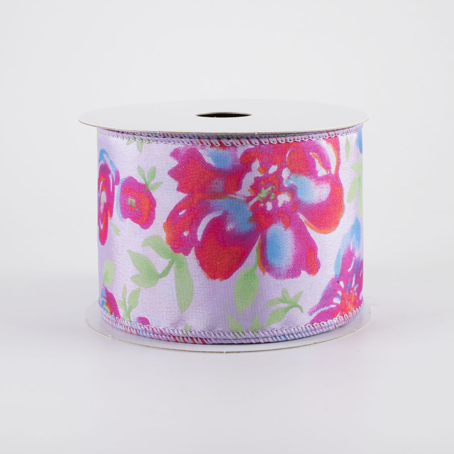 2.5" Watercolor Roses Ribbon: Blue & Fuchsia on Lavender (10 Yards)