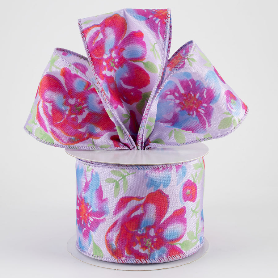 2.5" Watercolor Roses Ribbon: Blue & Fuchsia on Lavender (10 Yards)