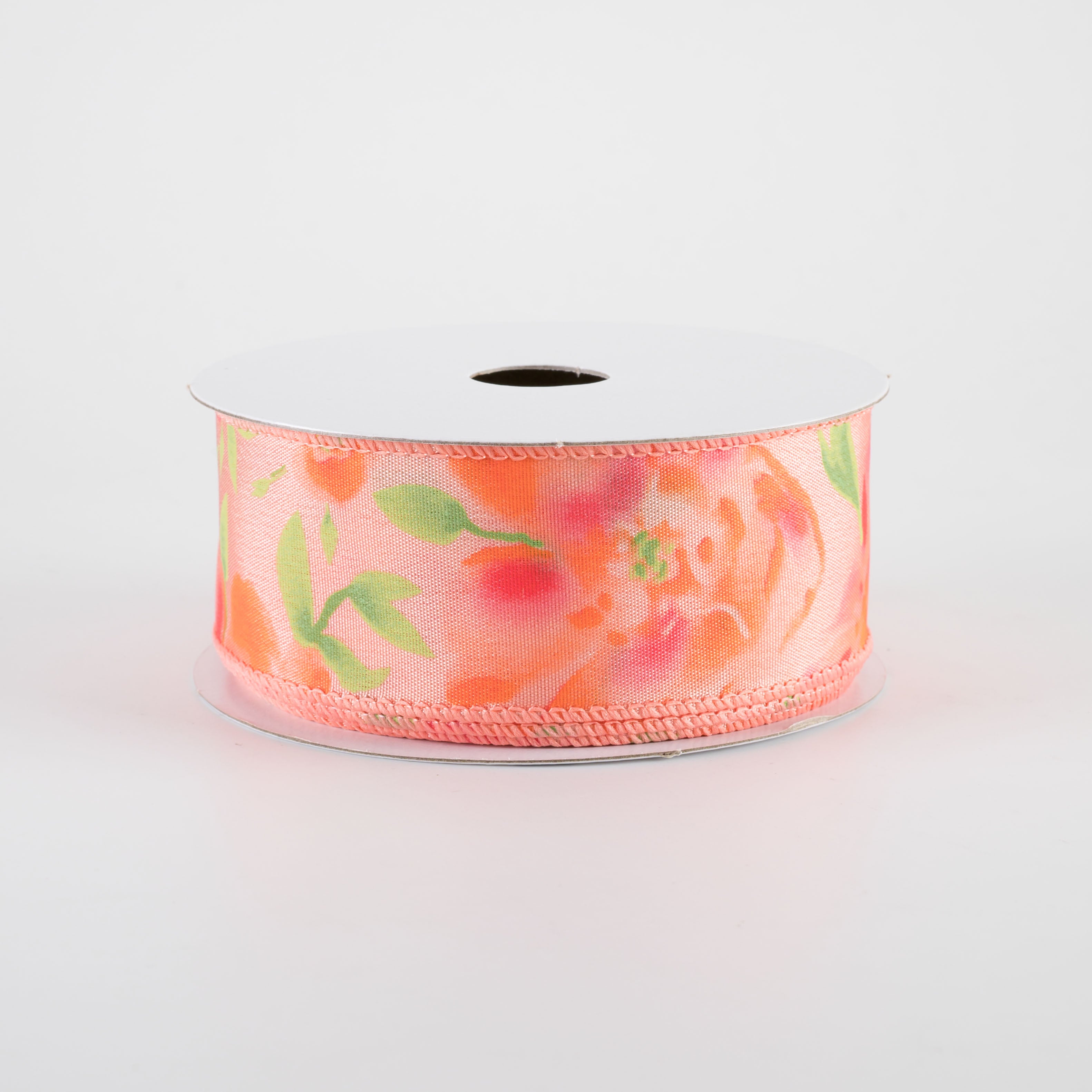 1.5" Watercolor Roses Ribbon: Pink & Peach on Coral (10 Yards)