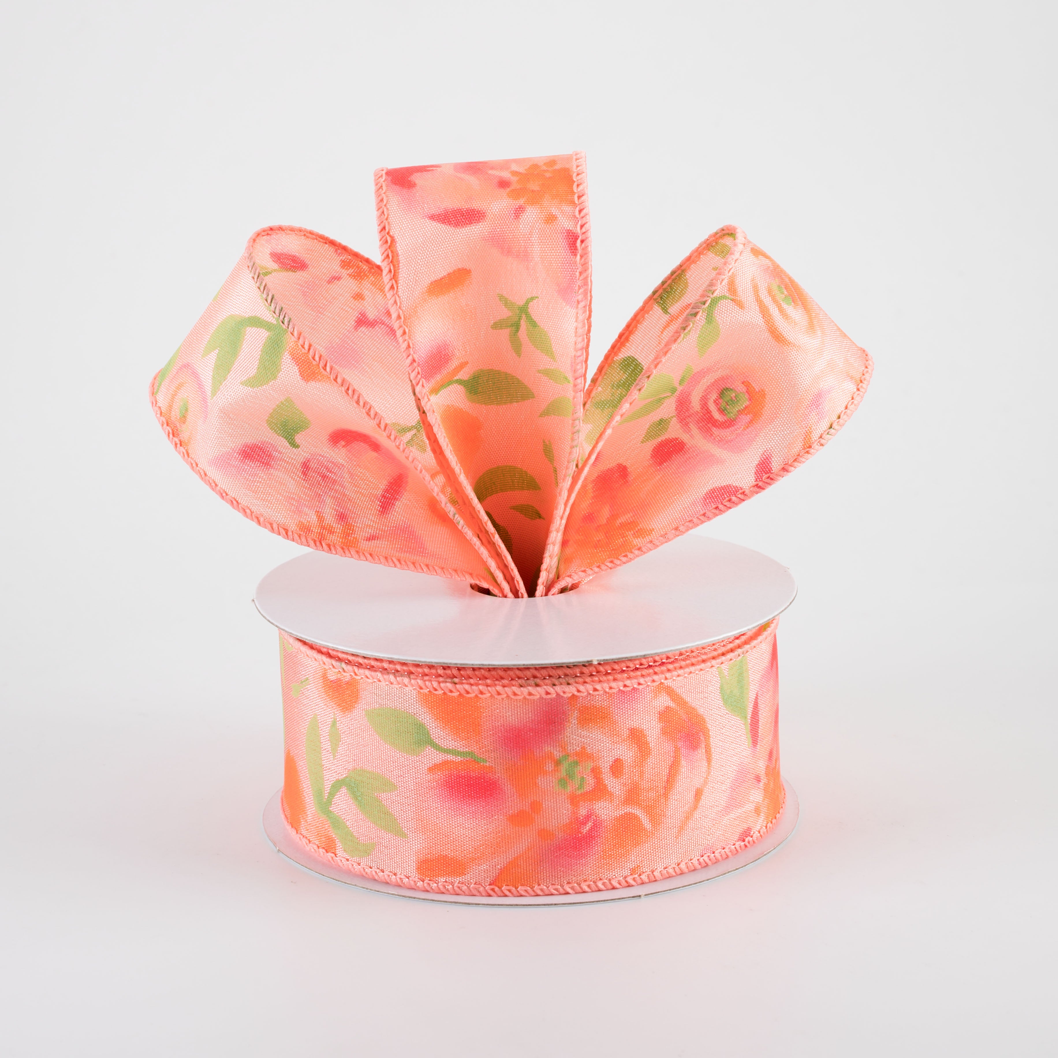 1.5" Watercolor Roses Ribbon: Pink & Peach on Coral (10 Yards)