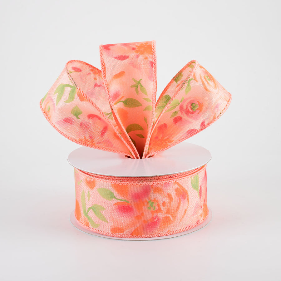1.5" Watercolor Roses Ribbon: Pink & Peach on Coral (10 Yards)
