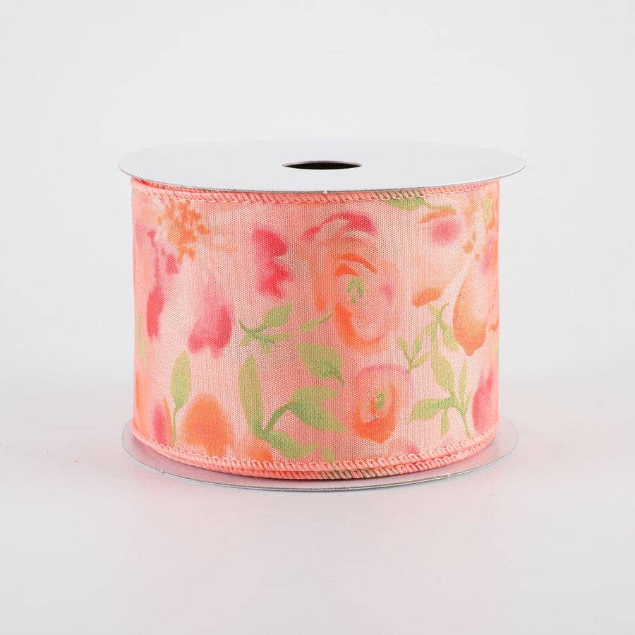 2.5" Watercolor Roses Ribbon: Pink & Peach on Coral (10 Yards)