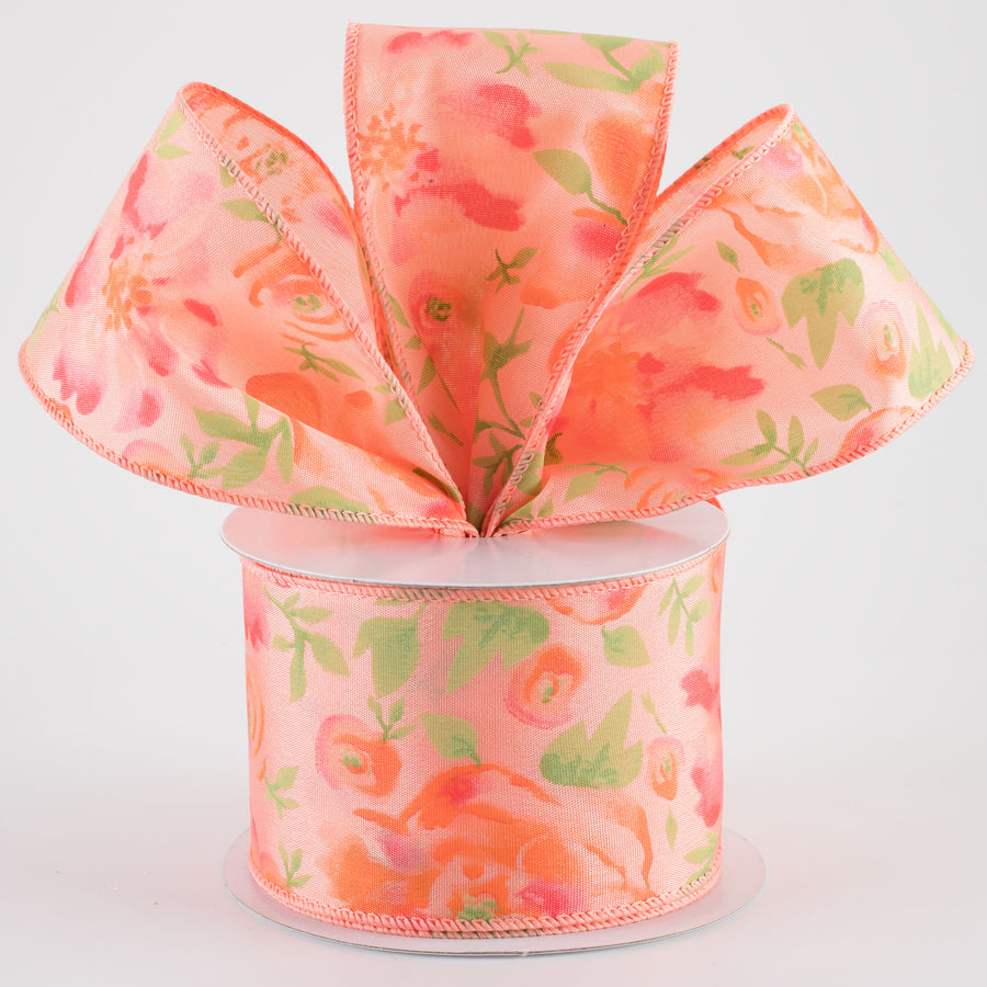 2.5" Watercolor Roses Ribbon: Pink & Peach on Coral (10 Yards)