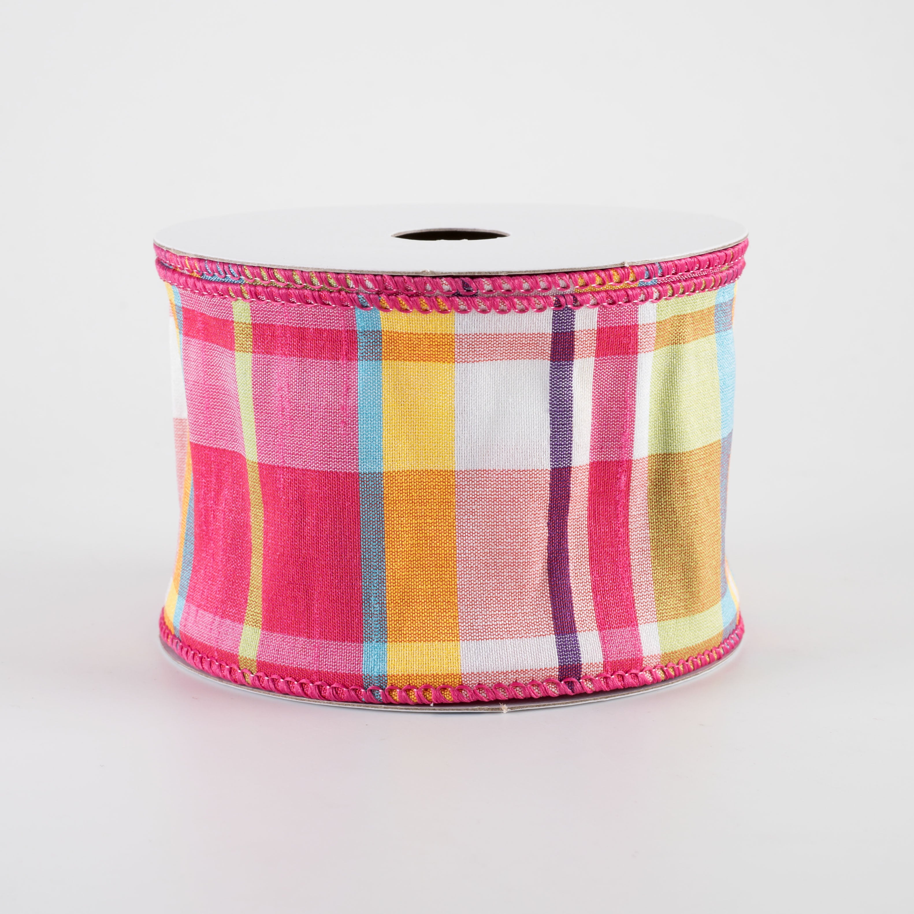 2.5" Faux Dupioni Plaid Ribbon: Fuchsia, Lime, Blue & Yellow (10 Yards)
