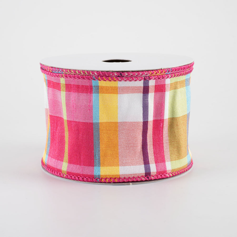 2.5" Faux Dupioni Plaid Ribbon: Fuchsia, Lime, Blue & Yellow (10 Yards)