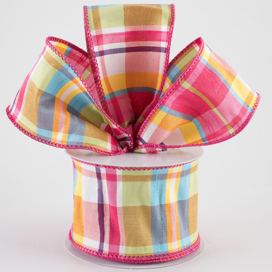 2.5" Faux Dupioni Plaid Ribbon: Fuchsia, Lime, Blue & Yellow (10 Yards)