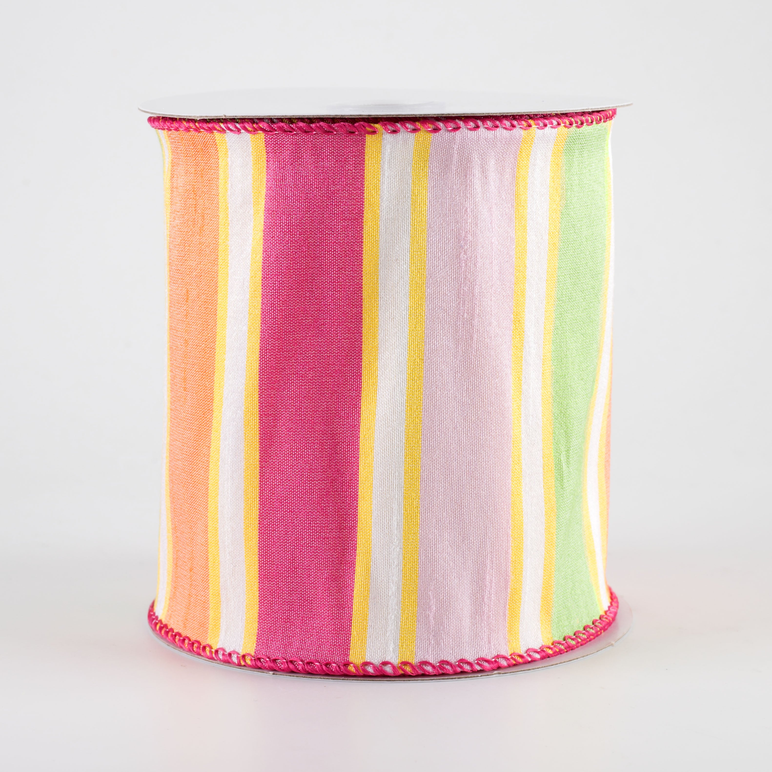 4" Faux Dupioni Stripes Ribbon: Fuchsia, Pink, Yellow & Orange (10 Yards)