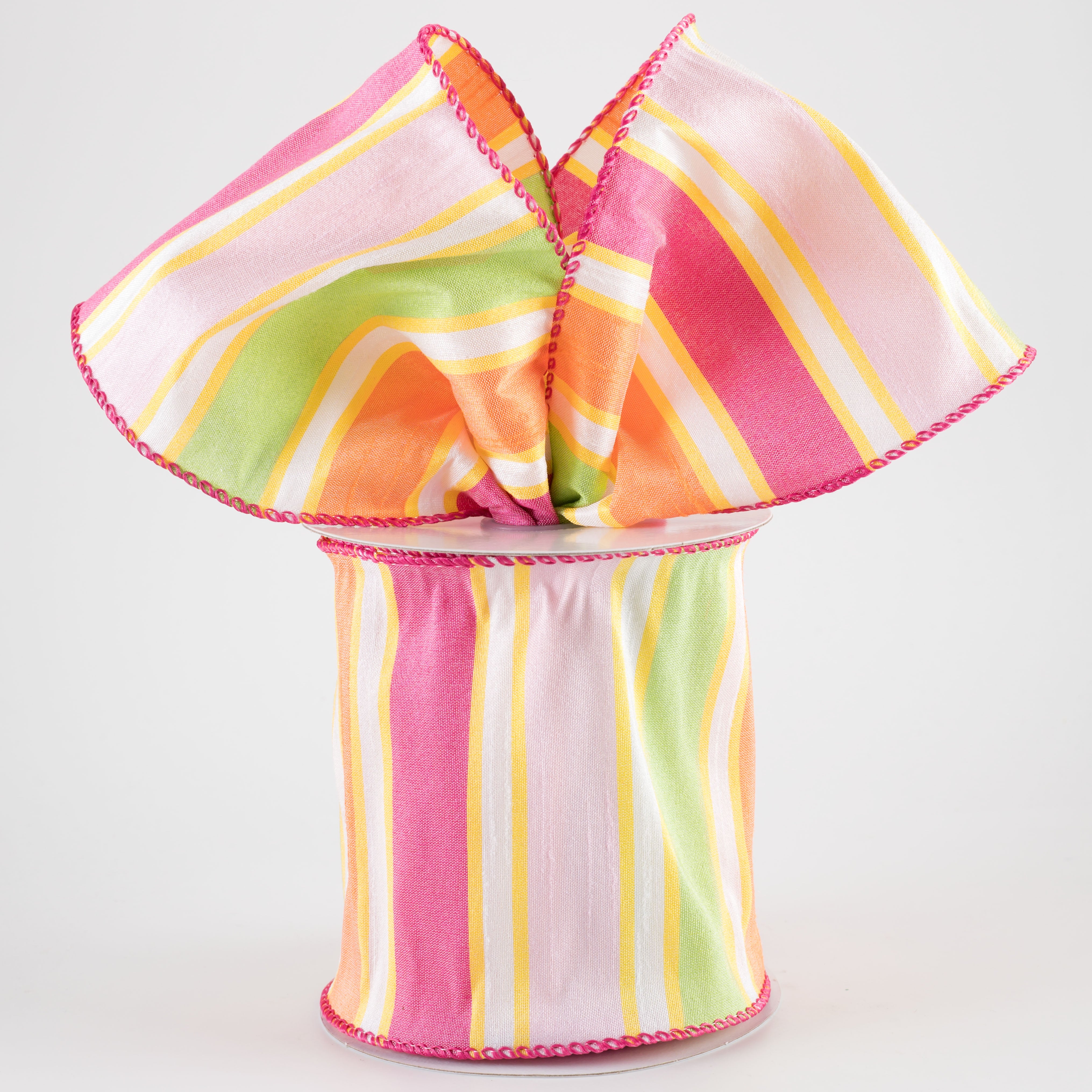 4" Faux Dupioni Stripes Ribbon: Fuchsia, Pink, Yellow & Orange (10 Yards)