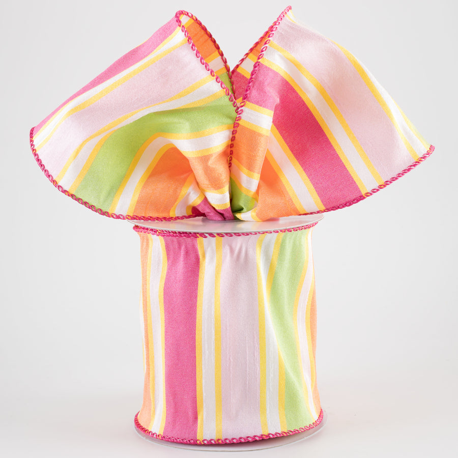 4" Faux Dupioni Stripes Ribbon: Fuchsia, Pink, Yellow & Orange (10 Yards)