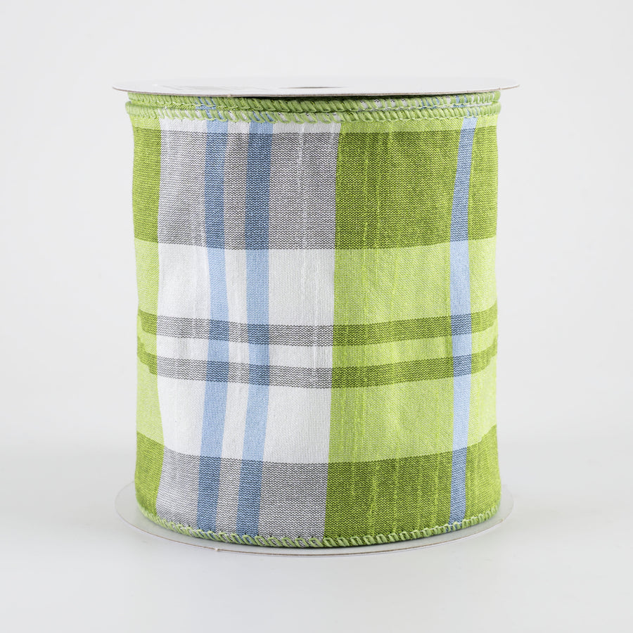 4" Faux Dupioni Plaid Ribbon: Kiwi Green, Iris Blue & White (10 Yards)