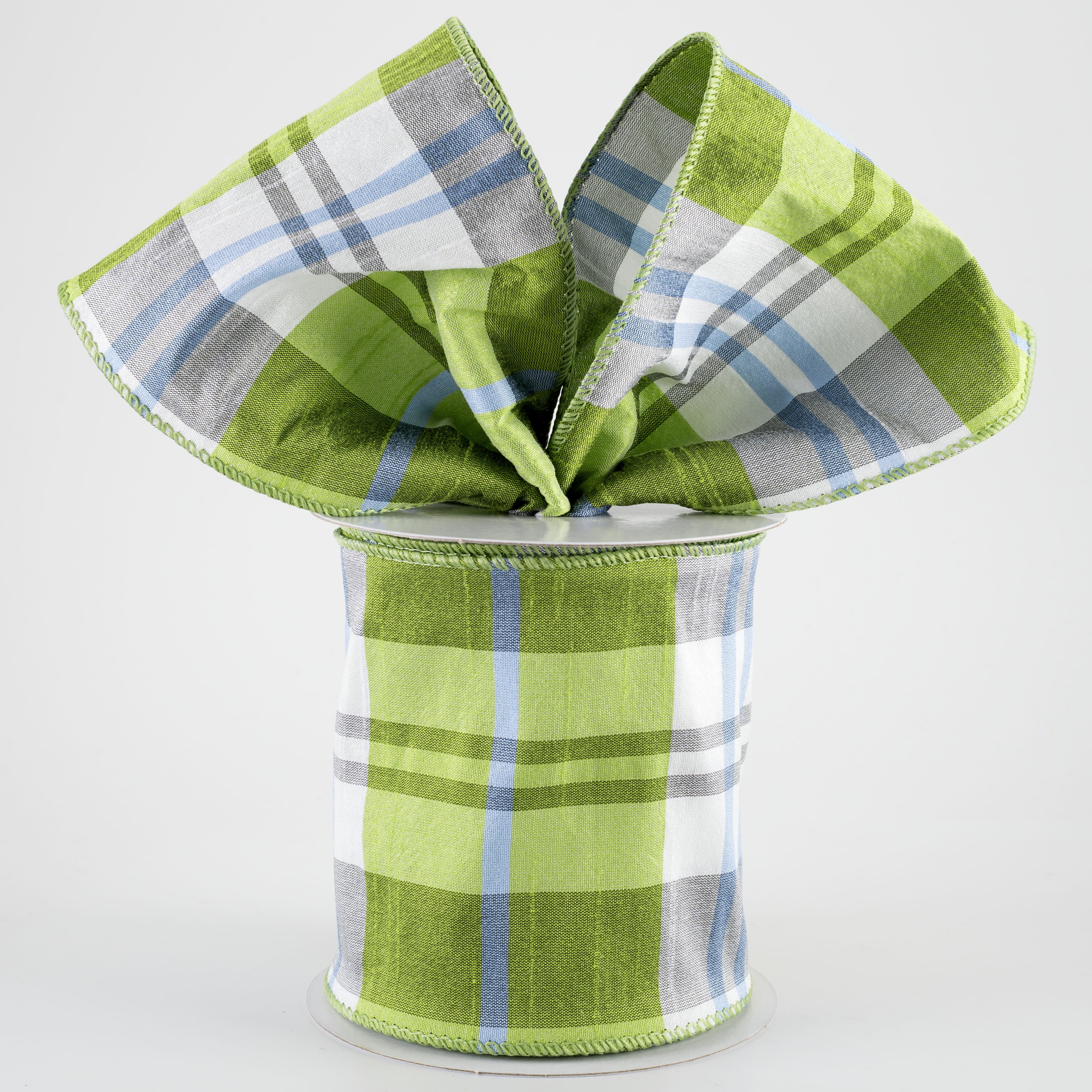 4" Faux Dupioni Plaid Ribbon: Kiwi Green, Iris Blue & White (10 Yards)