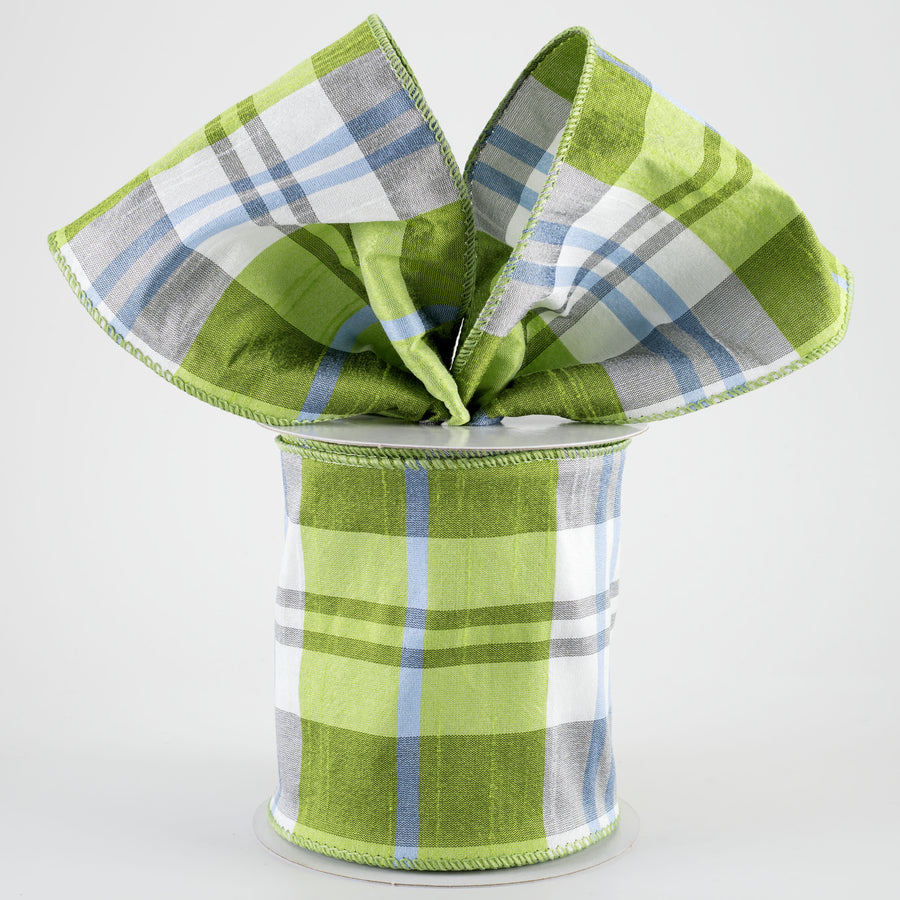 4" Faux Dupioni Plaid Ribbon: Kiwi Green, Iris Blue & White (10 Yards)