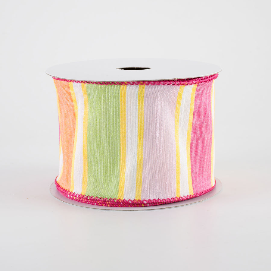 2.5" Faux Dupioni Stripes Ribbon: Fuchsia, Pink, Yellow & Orange (10 Yards)