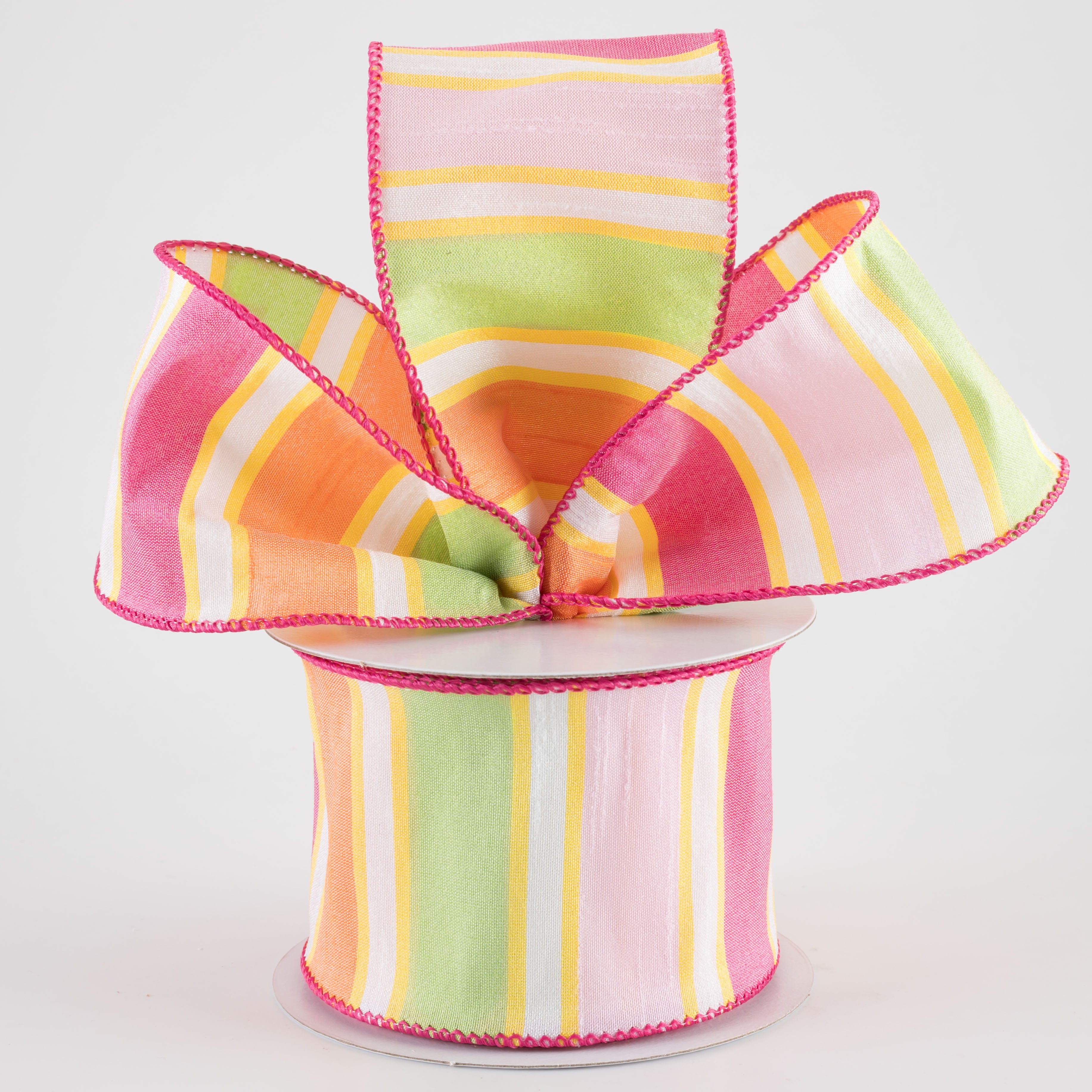 2.5" Faux Dupioni Stripes Ribbon: Fuchsia, Pink, Yellow & Orange (10 Yards)