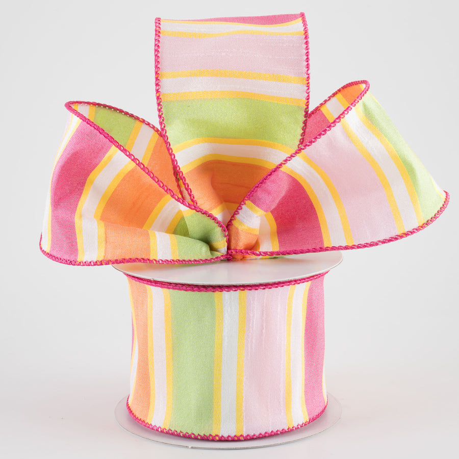 2.5" Faux Dupioni Stripes Ribbon: Fuchsia, Pink, Yellow & Orange (10 Yards)