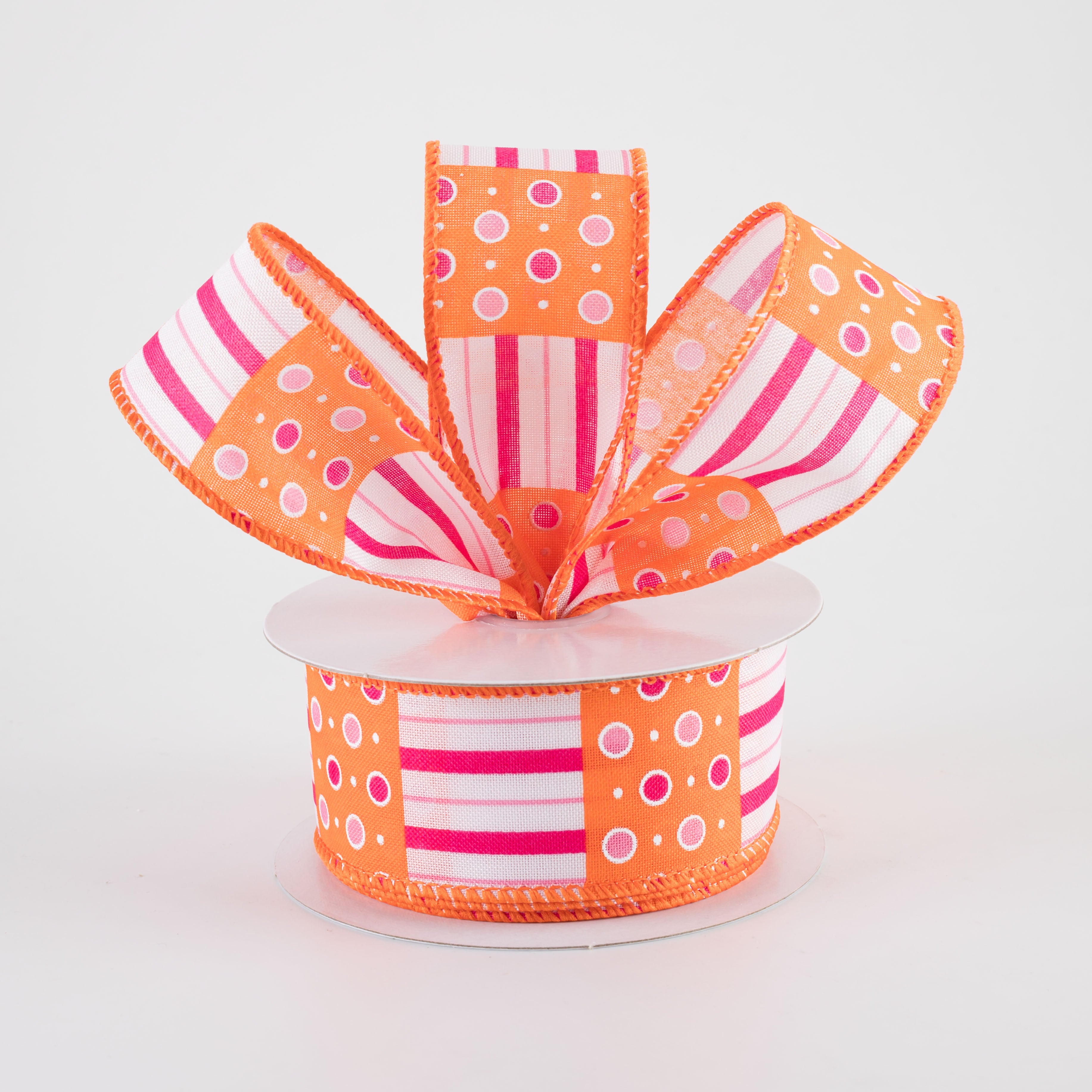 1.5" Jet Dots & Stripes Ribbon: Fuchsia, Pink & Orange (10 Yards)