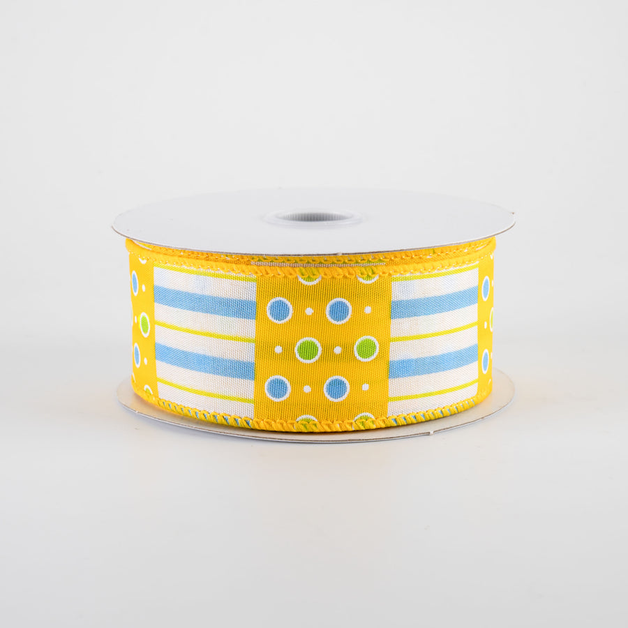 1.5" Jet Dots & Stripes Ribbon: Yellow, Blue & Lime Green (10 Yards)