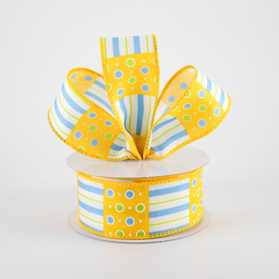 1.5" Jet Dots & Stripes Ribbon: Yellow, Blue & Lime Green (10 Yards)