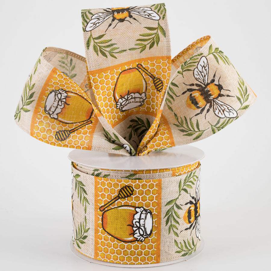 2.5" Linen Bees & Honey Pot Blocks Ribbon: Natural (10 Yards)
