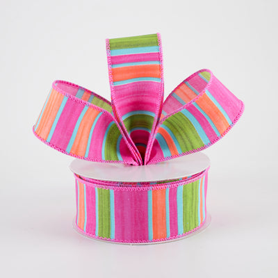 1.5" Watercolor Horizontal Stripes Ribbon: Fuchsia Pink, Orange, Blue & Green (10 Yards)