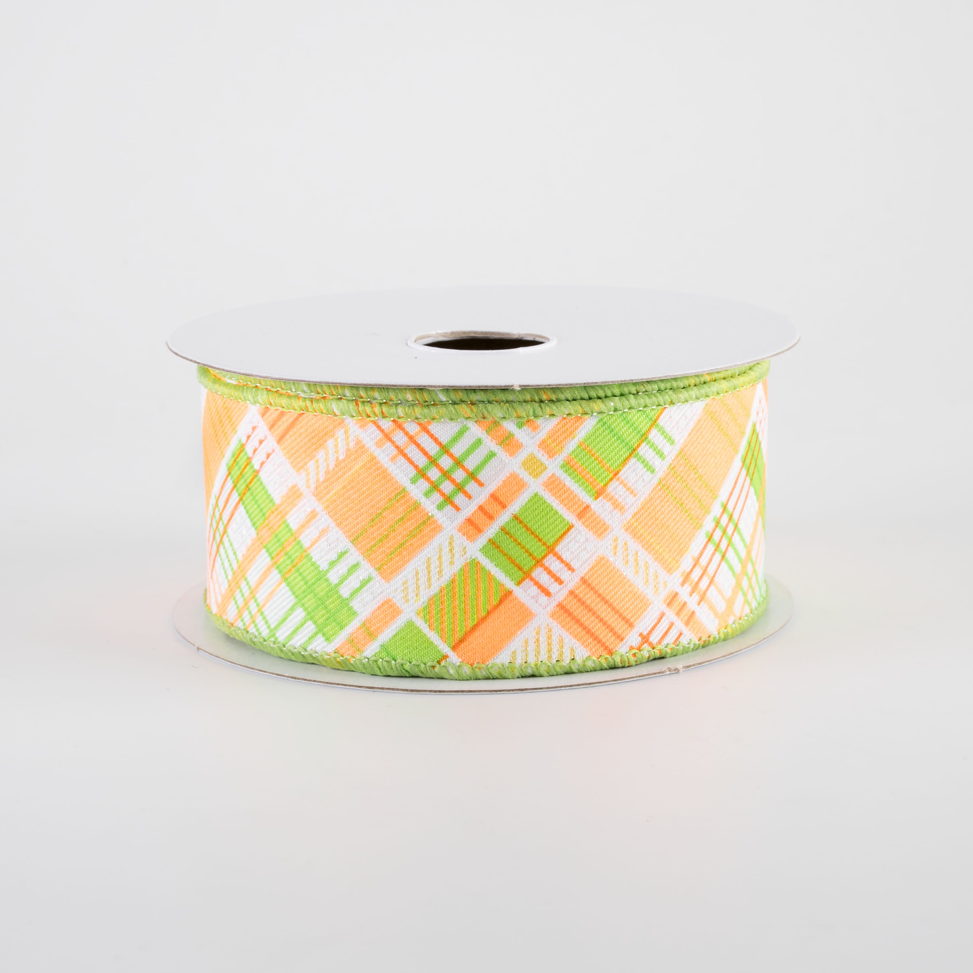 1.5" Printed Cabot Diagonal Plaid Ribbon: Neon Orange, Lime & White (10 Yards)