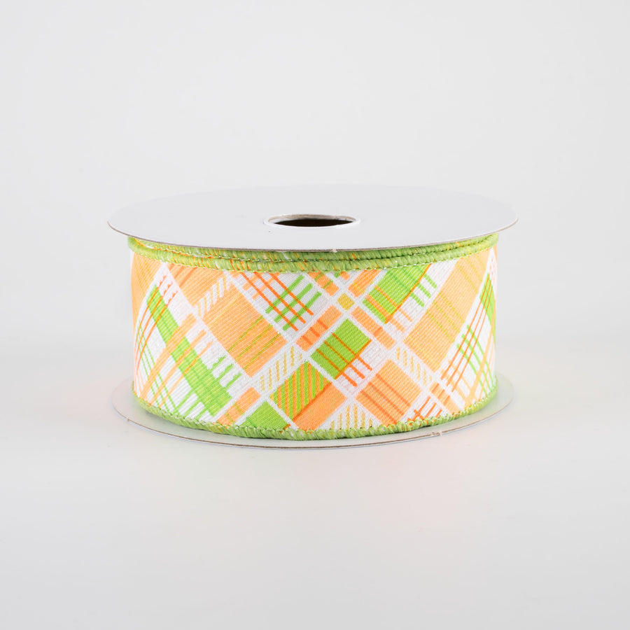 1.5" Printed Cabot Diagonal Plaid Ribbon: Neon Orange, Lime & White (10 Yards)