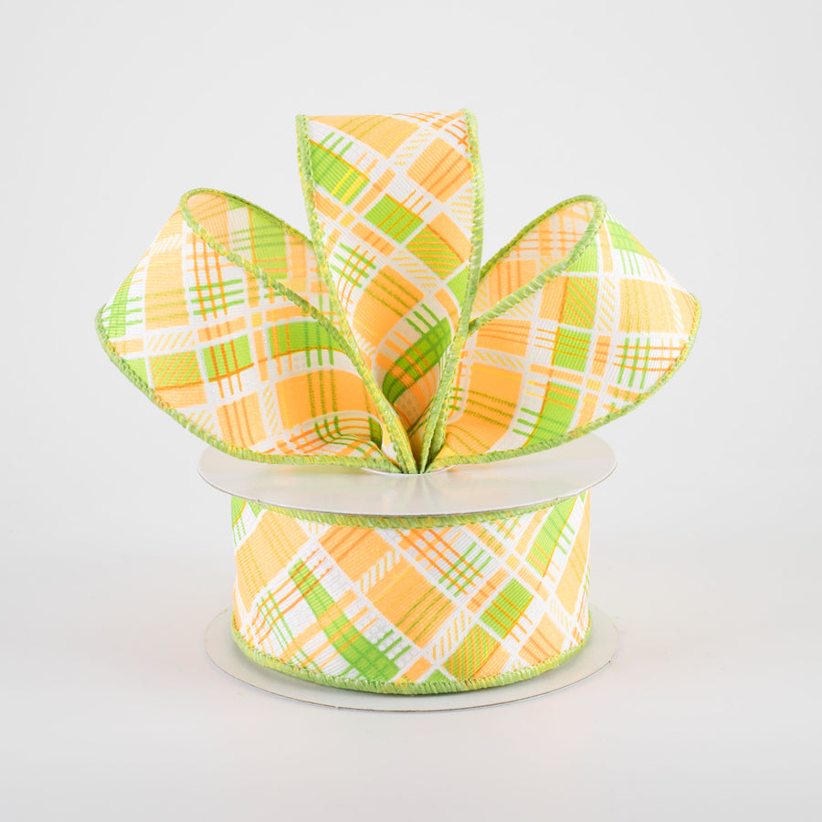1.5" Printed Cabot Diagonal Plaid Ribbon: Neon Orange, Lime & White (10 Yards)